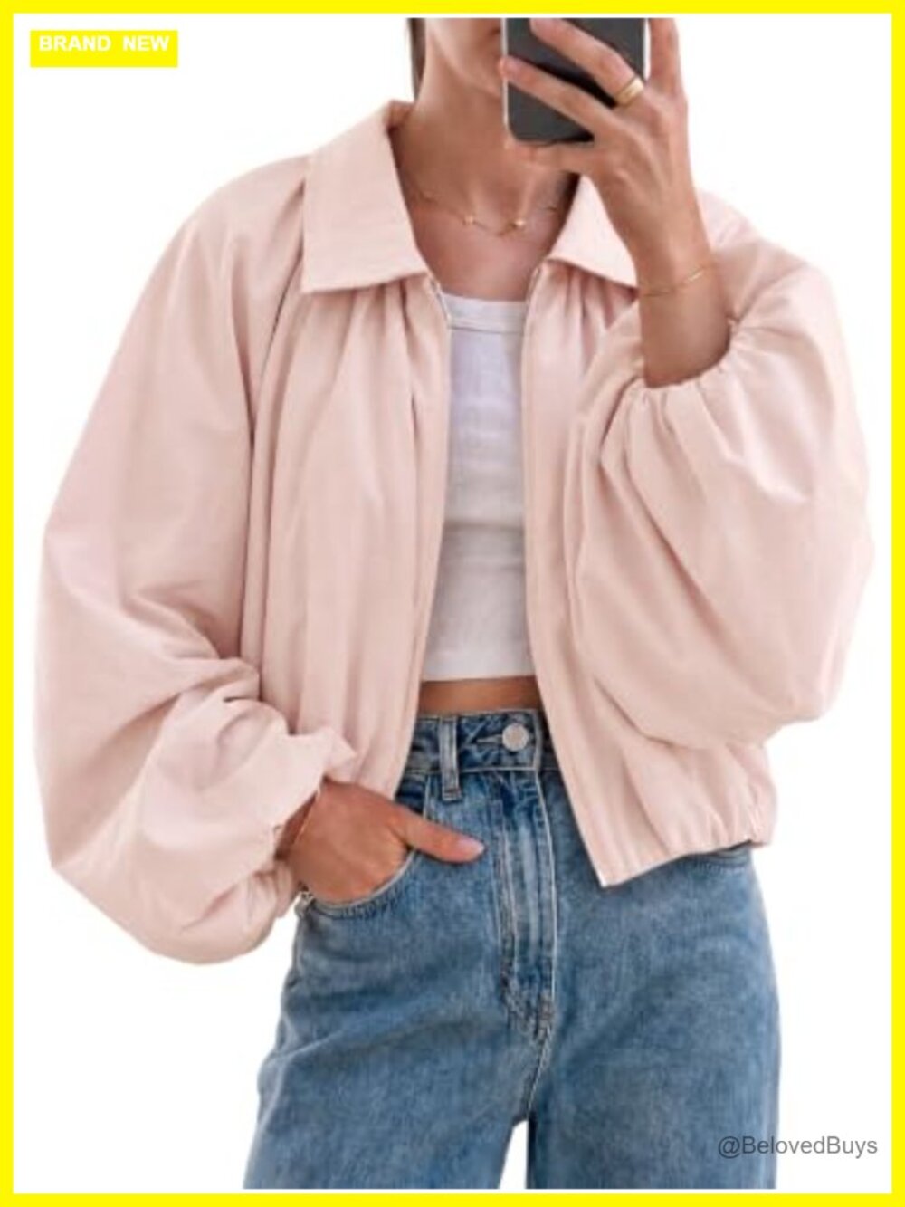 Women's Cropped Bomber Jacket Puffed Bubble Hem Zip Up Casual Spring Fall